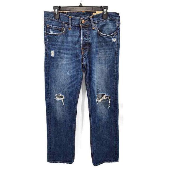 Hollister men's dark wash distressed button fly jeans in 31X32 - Picture 1 of 6